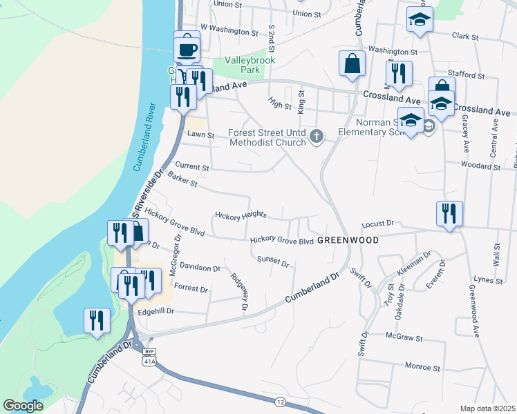 map of restaurants, bars, coffee shops, grocery stores, and more near 309 Hickory Heights in Clarksville