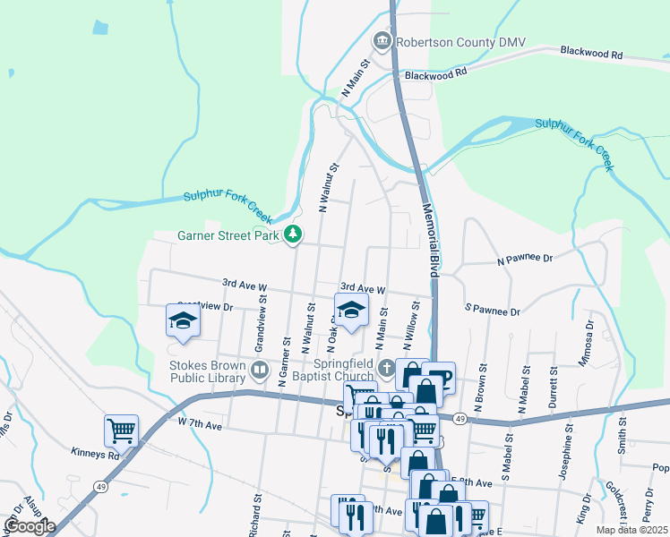 map of restaurants, bars, coffee shops, grocery stores, and more near 212 North Oak Street in Springfield