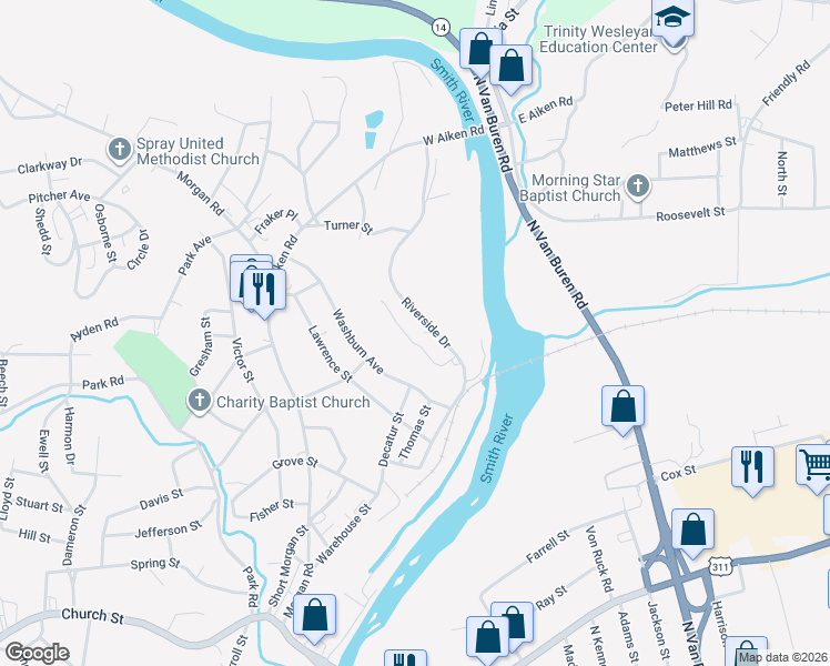map of restaurants, bars, coffee shops, grocery stores, and more near 543 Riverside Drive in Eden