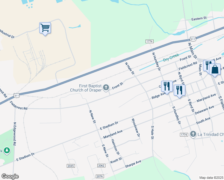 map of restaurants, bars, coffee shops, grocery stores, and more near 1104 Front Street in Eden