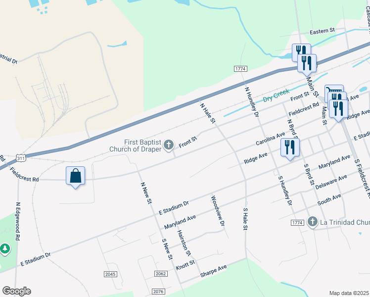 map of restaurants, bars, coffee shops, grocery stores, and more near 1104 Front Street in Eden
