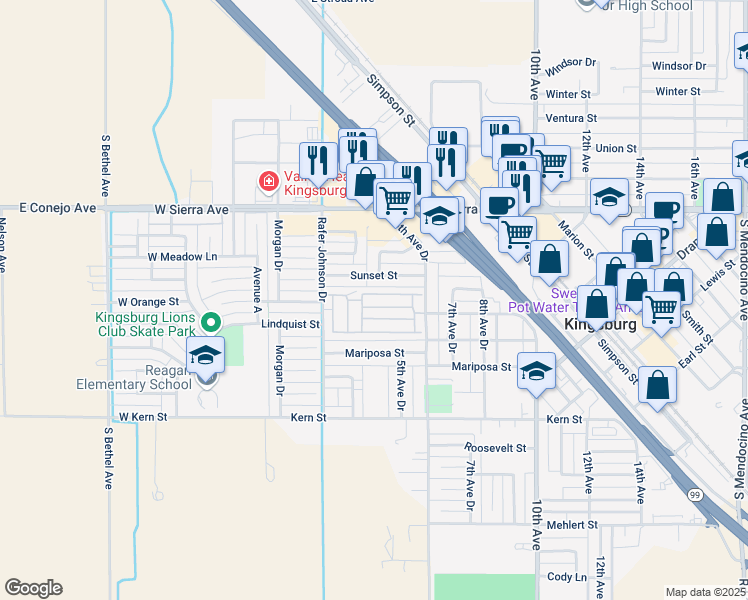 map of restaurants, bars, coffee shops, grocery stores, and more near 1551 6th Avenue Drive in Kingsburg