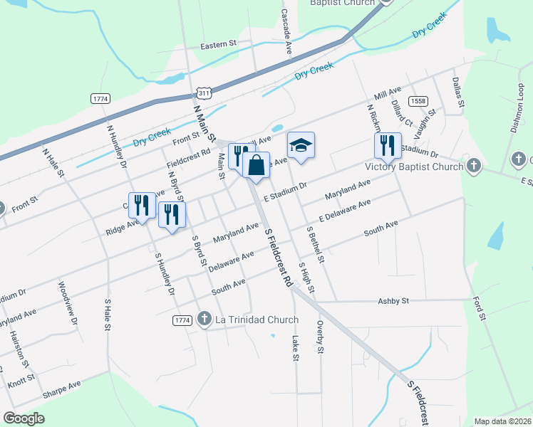 map of restaurants, bars, coffee shops, grocery stores, and more near 116 South Fieldcrest Road in Eden