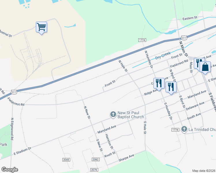 map of restaurants, bars, coffee shops, grocery stores, and more near 1104 Front Street in Eden