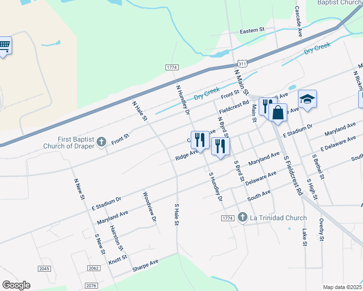 map of restaurants, bars, coffee shops, grocery stores, and more near 1214 Carolina Avenue in Eden