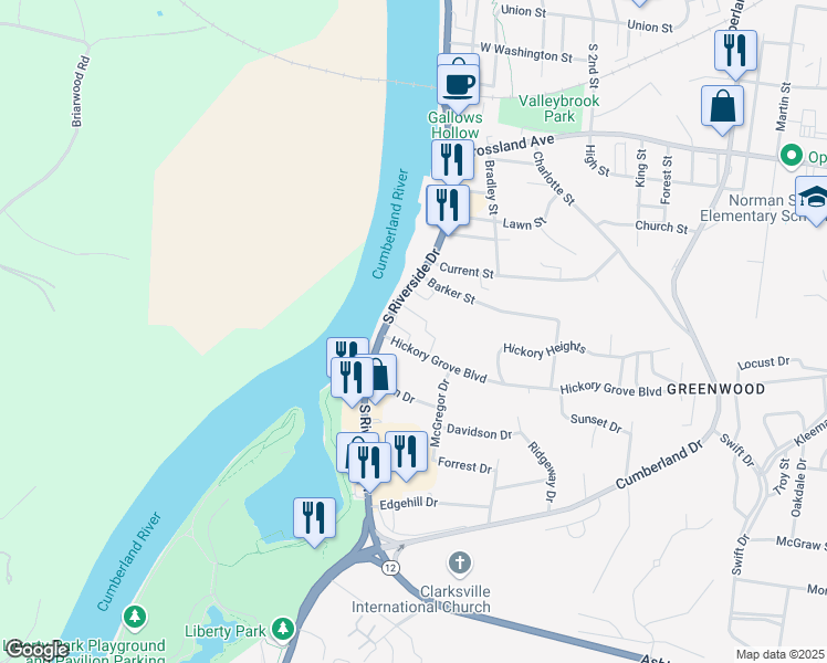 map of restaurants, bars, coffee shops, grocery stores, and more near 939 South Riverside Drive in Clarksville