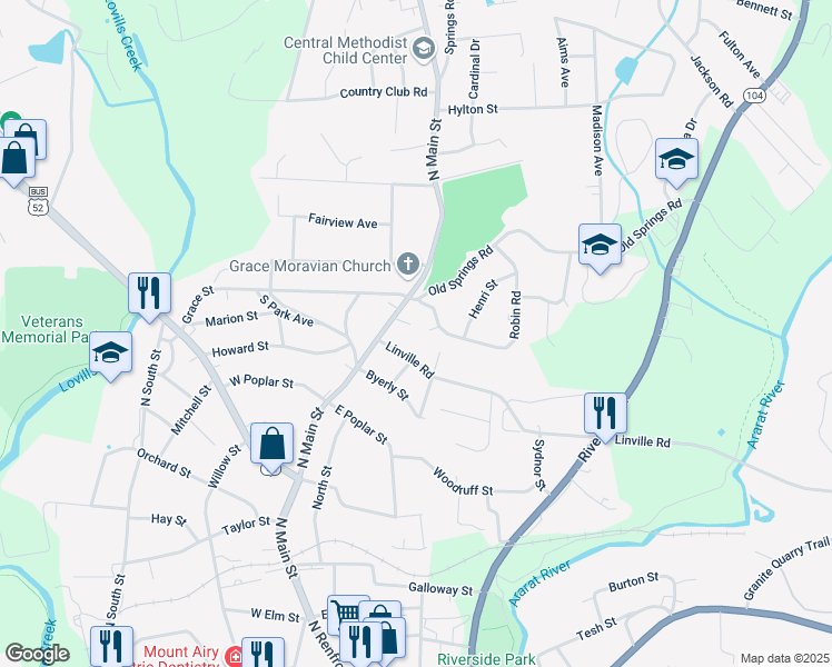 map of restaurants, bars, coffee shops, grocery stores, and more near 214 Robin Road in Mount Airy