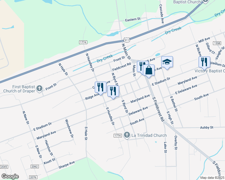 map of restaurants, bars, coffee shops, grocery stores, and more near 1308 Ridge Avenue in Eden