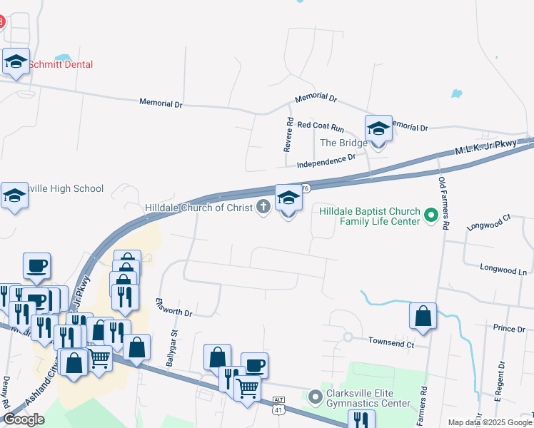 map of restaurants, bars, coffee shops, grocery stores, and more near 501 Tennessee 76 in Clarksville