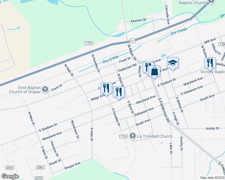 map of restaurants, bars, coffee shops, grocery stores, and more near 1309 Ridge Avenue in Eden
