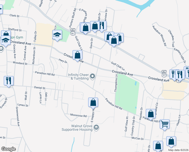 map of restaurants, bars, coffee shops, grocery stores, and more near 430 Kelly Lane in Clarksville