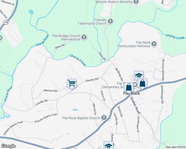 map of restaurants, bars, coffee shops, grocery stores, and more near 223 Stanley Road in Mount Airy