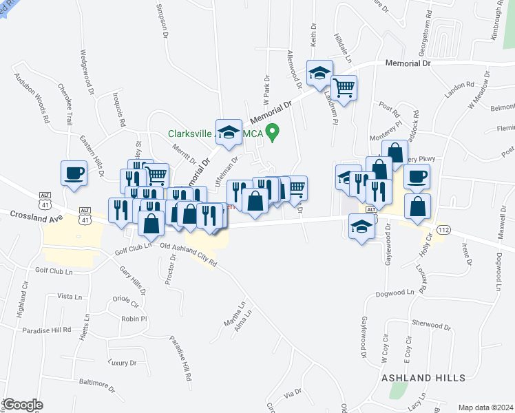 map of restaurants, bars, coffee shops, grocery stores, and more near 1835 Madison Street in Clarksville