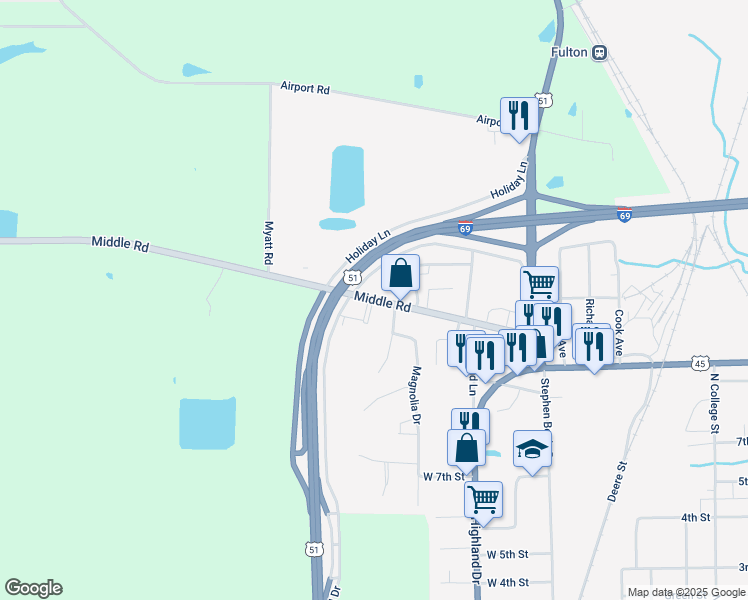 map of restaurants, bars, coffee shops, grocery stores, and more near Middle Road in Fulton