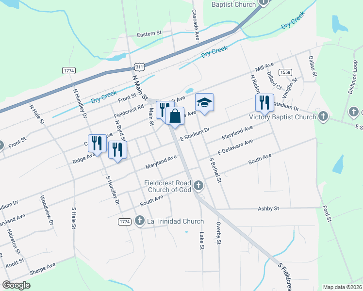 map of restaurants, bars, coffee shops, grocery stores, and more near 116 South Fieldcrest Road in Eden