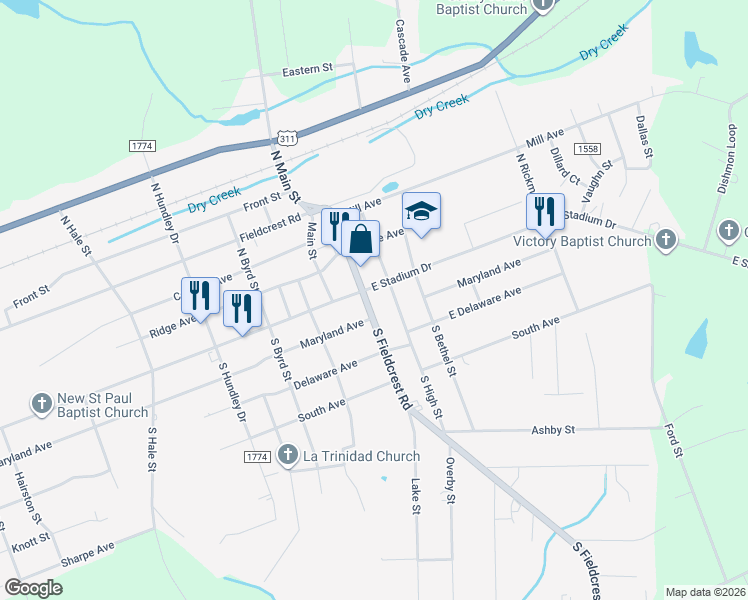map of restaurants, bars, coffee shops, grocery stores, and more near 116 South Fieldcrest Road in Eden