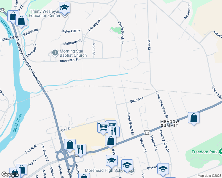 map of restaurants, bars, coffee shops, grocery stores, and more near 419 Johnsie and Billie Harris Street in Eden