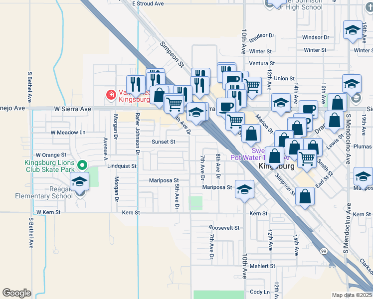 map of restaurants, bars, coffee shops, grocery stores, and more near 1551 6th Avenue Drive in Kingsburg