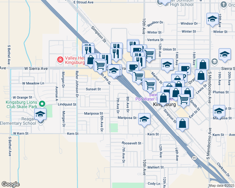 map of restaurants, bars, coffee shops, grocery stores, and more near 651 Orange Street in Kingsburg