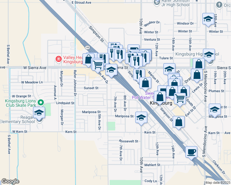 map of restaurants, bars, coffee shops, grocery stores, and more near 2736 7th Avenue Drive in Kingsburg