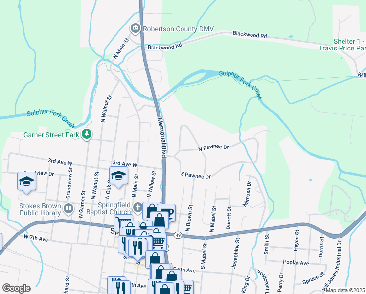 map of restaurants, bars, coffee shops, grocery stores, and more near 403 North Pawnee Drive in Springfield