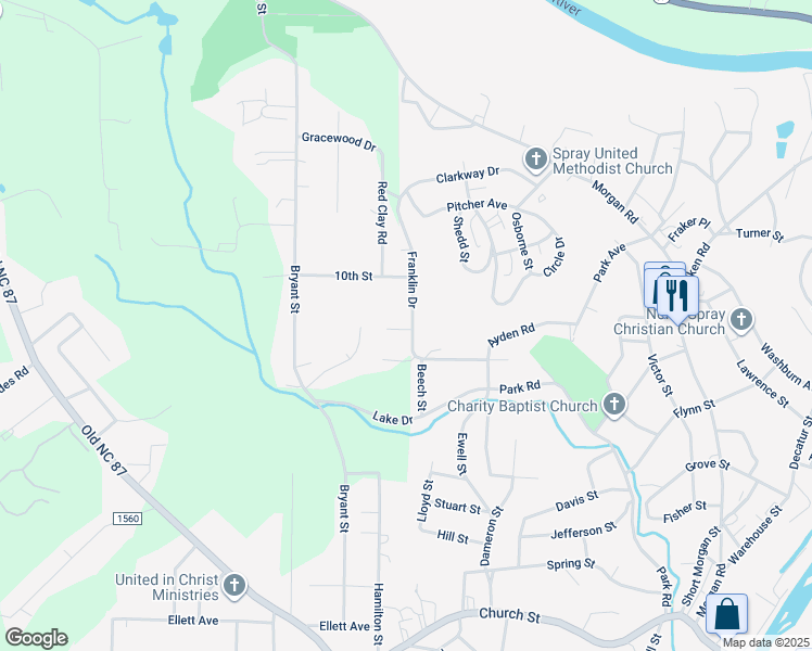 map of restaurants, bars, coffee shops, grocery stores, and more near 515 Franklin Drive in Eden
