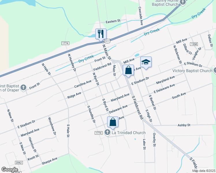 map of restaurants, bars, coffee shops, grocery stores, and more near 1417 East Stadium Drive in Eden