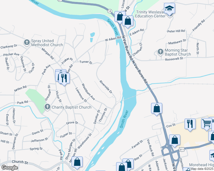 map of restaurants, bars, coffee shops, grocery stores, and more near 606 Riverside Drive in Eden