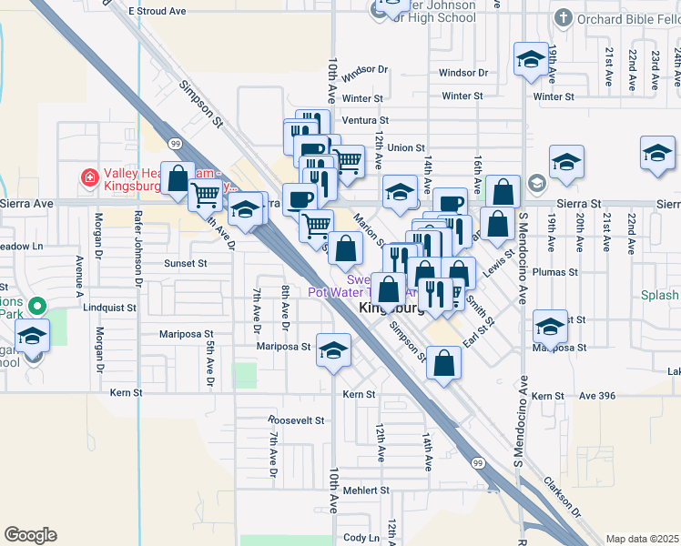 map of restaurants, bars, coffee shops, grocery stores, and more near 1607 Simpson Street in Kingsburg