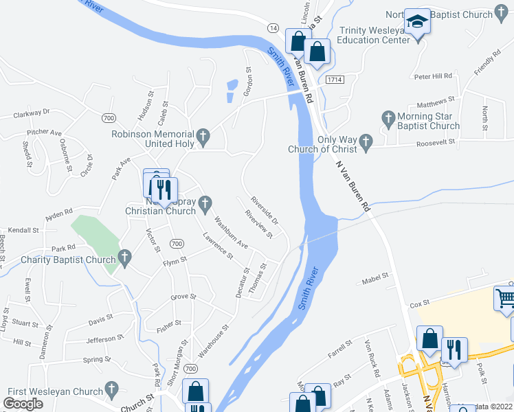 map of restaurants, bars, coffee shops, grocery stores, and more near 611 Riverside Drive in Eden