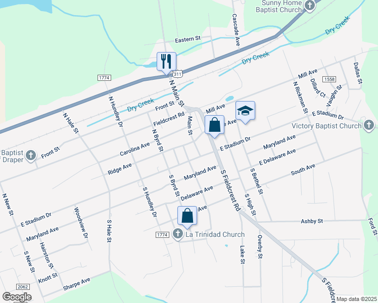 map of restaurants, bars, coffee shops, grocery stores, and more near 108 North Center Street in Eden
