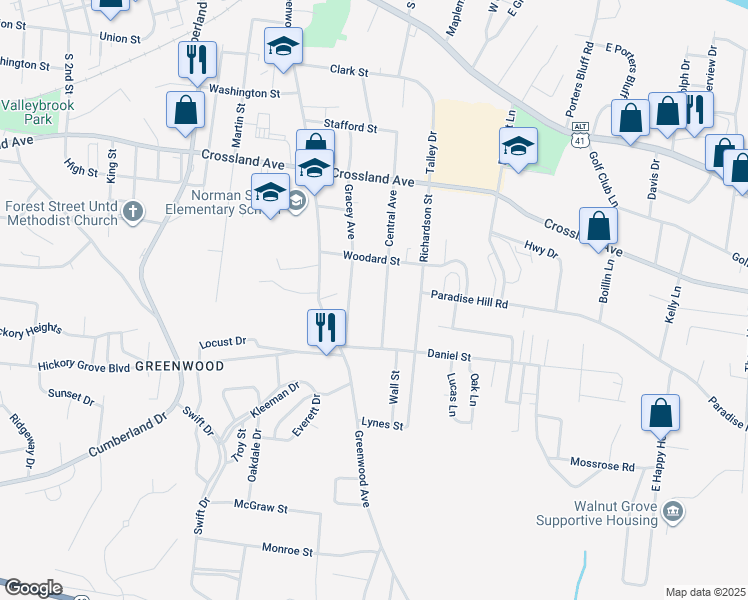 map of restaurants, bars, coffee shops, grocery stores, and more near 823 Gracey Avenue in Clarksville