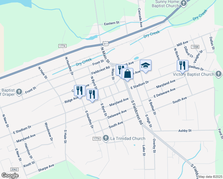 map of restaurants, bars, coffee shops, grocery stores, and more near 108 North Center Street in Eden