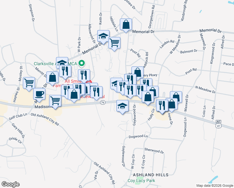 map of restaurants, bars, coffee shops, grocery stores, and more near 1901 Madison Street in Clarksville