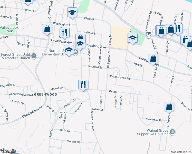map of restaurants, bars, coffee shops, grocery stores, and more near 823 Gracey Avenue in Clarksville