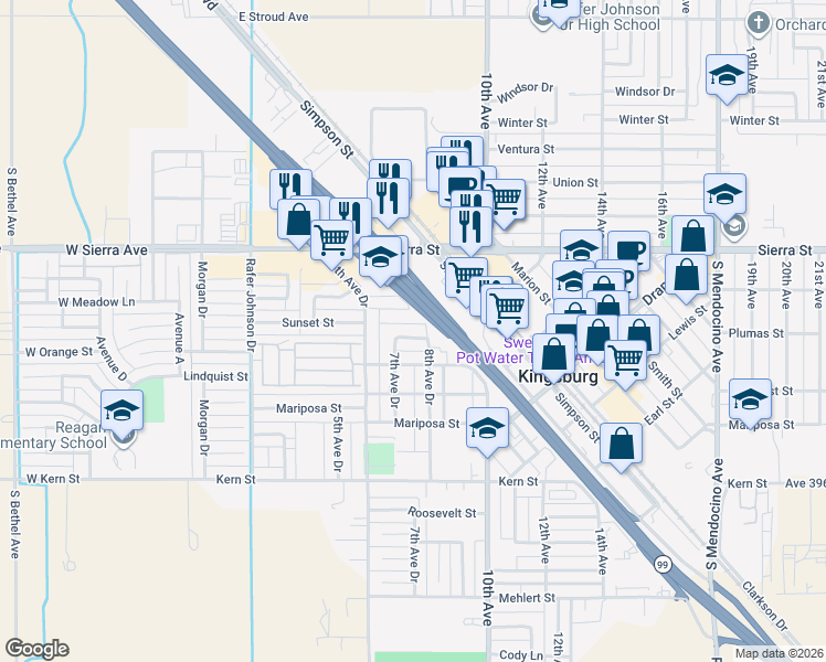 map of restaurants, bars, coffee shops, grocery stores, and more near 690 Quincy Street in Kingsburg