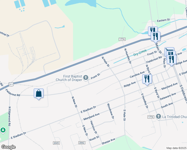 map of restaurants, bars, coffee shops, grocery stores, and more near 1100 Front Street in Eden
