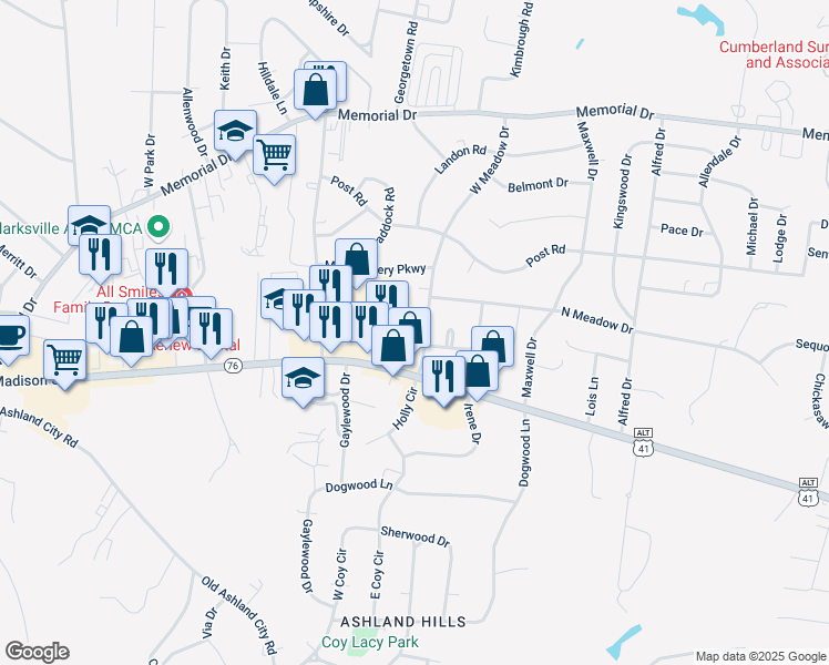 map of restaurants, bars, coffee shops, grocery stores, and more near 118 West Meadow Drive in Clarksville