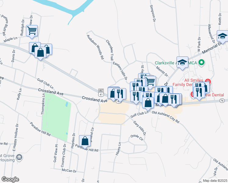 map of restaurants, bars, coffee shops, grocery stores, and more near 1601 Madison Street in Clarksville