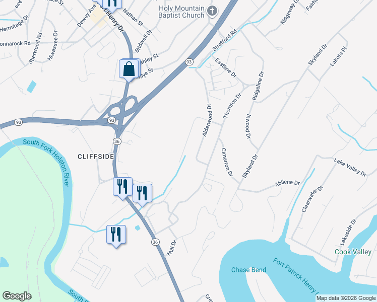 map of restaurants, bars, coffee shops, grocery stores, and more near 3824 Rockford Street in Kingsport