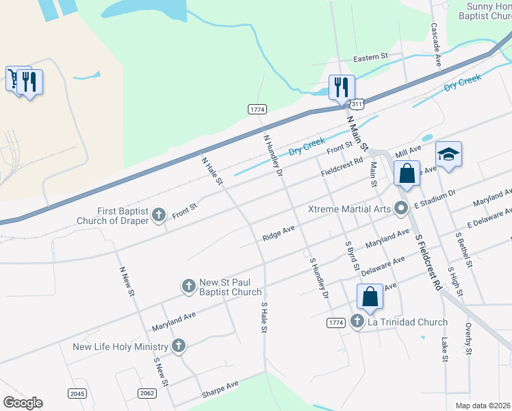 map of restaurants, bars, coffee shops, grocery stores, and more near 1211 Fieldcrest Road in Eden