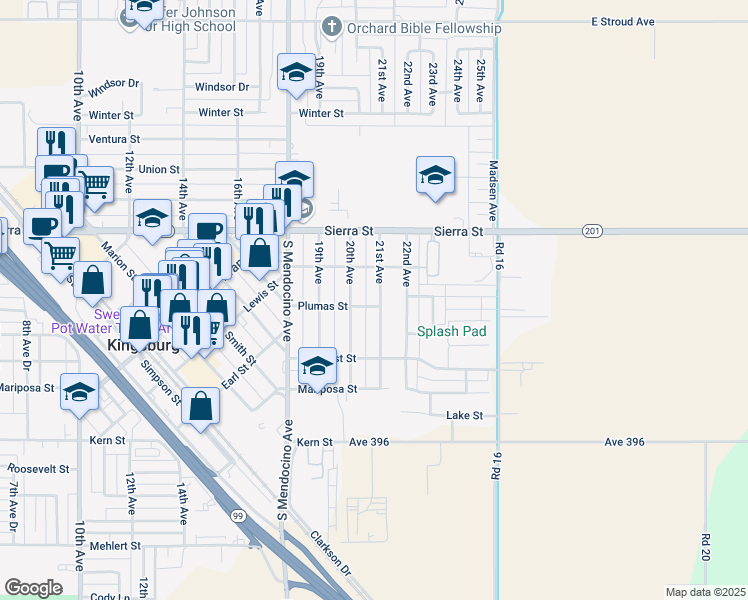 map of restaurants, bars, coffee shops, grocery stores, and more near 1701 21st Avenue in Kingsburg