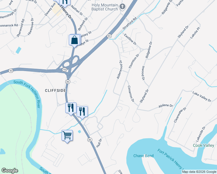 map of restaurants, bars, coffee shops, grocery stores, and more near 3824 Rockford Street in Kingsport
