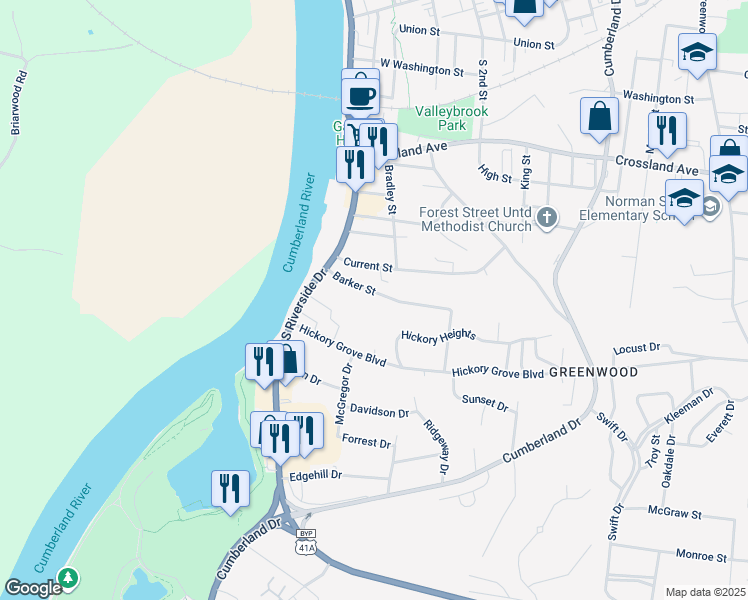 map of restaurants, bars, coffee shops, grocery stores, and more near 26 Barker Street in Clarksville