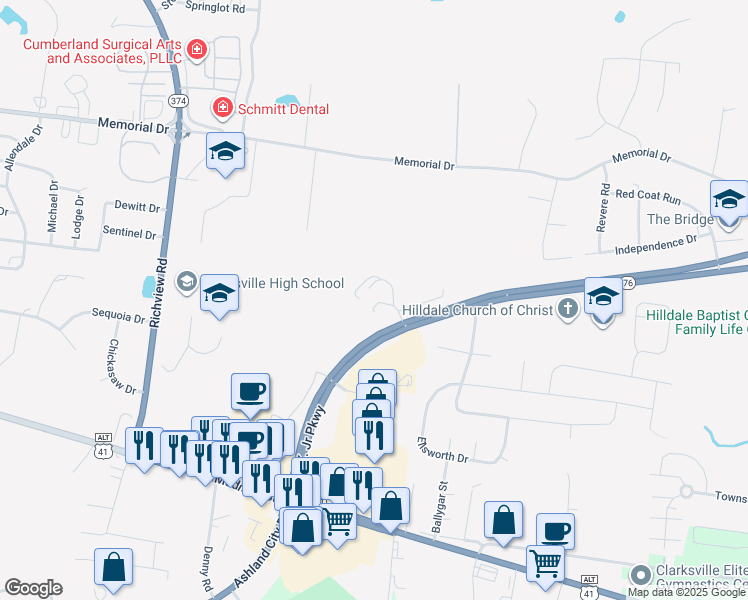 map of restaurants, bars, coffee shops, grocery stores, and more near 220 Tennessee 76 in Clarksville