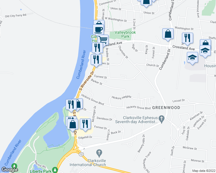 map of restaurants, bars, coffee shops, grocery stores, and more near 23 Barker Street in Clarksville