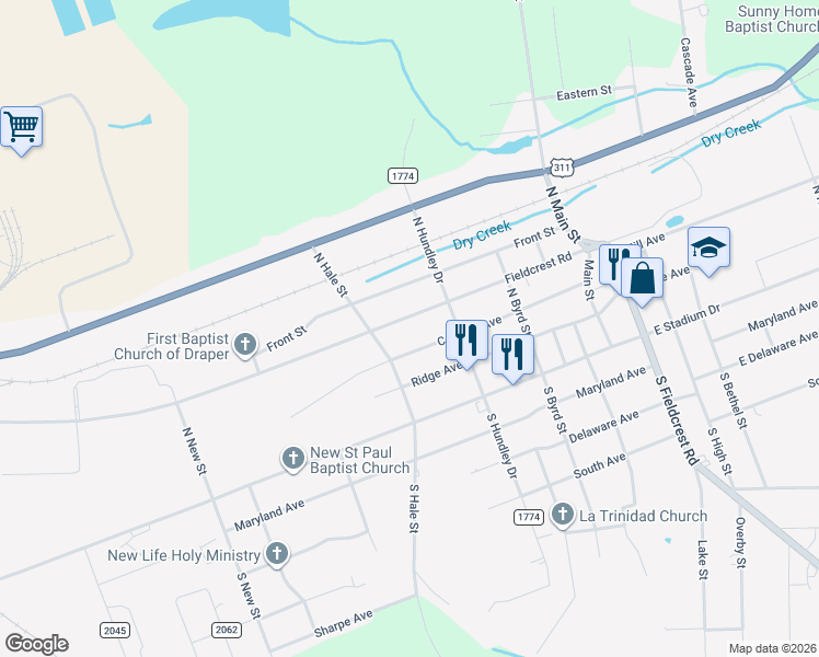 map of restaurants, bars, coffee shops, grocery stores, and more near 1224 Fieldcrest Road in Eden