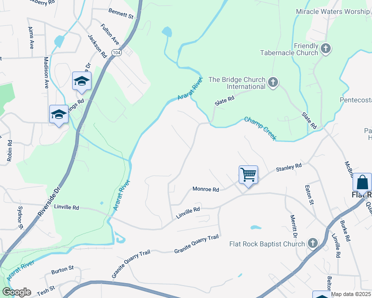 map of restaurants, bars, coffee shops, grocery stores, and more near 112 Deer Brook Lane in Mount Airy