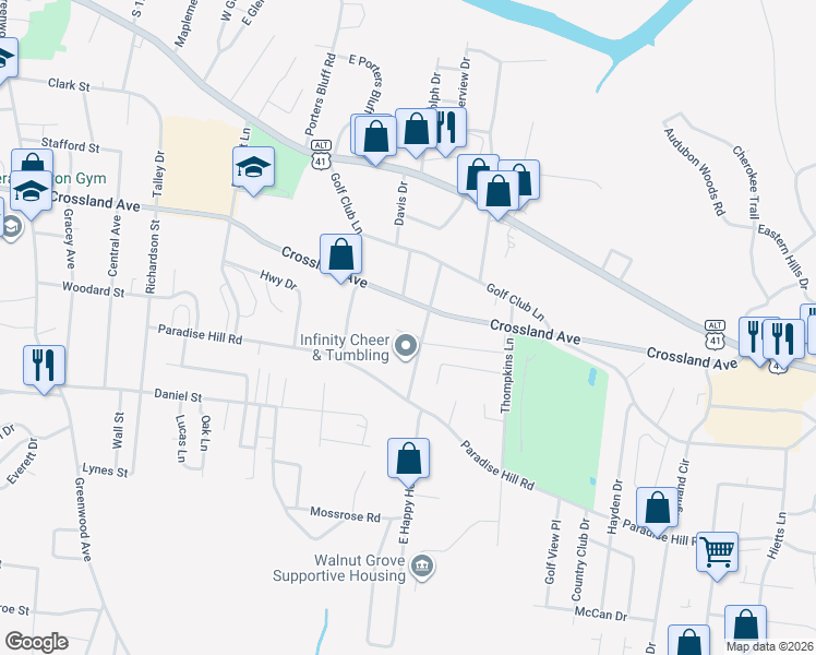 map of restaurants, bars, coffee shops, grocery stores, and more near 1267 Bagwell Drive in Clarksville