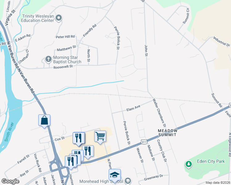 map of restaurants, bars, coffee shops, grocery stores, and more near 507 Pervie Bolick Street in Eden